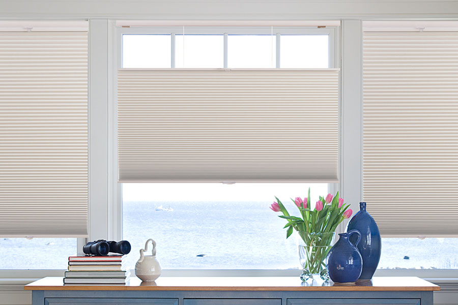 Beige cellular shades on a large picture window with a beach scene.