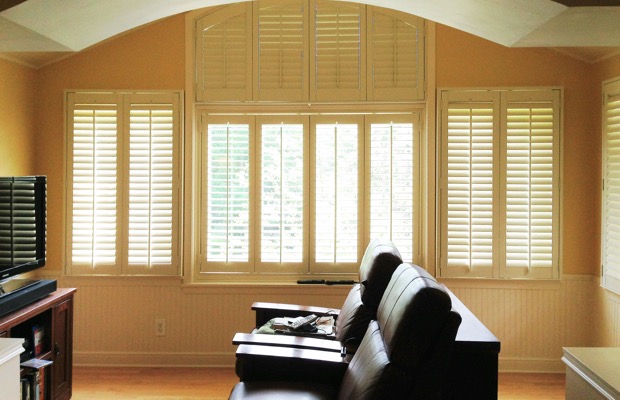 Minneapolis plantation shutters in tv room