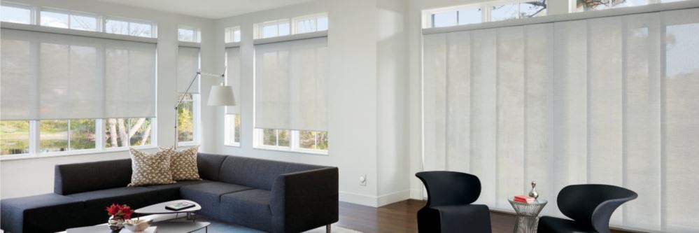 Motorized shades in a living room