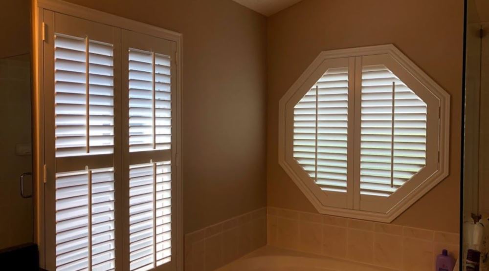 Octagon window treatments Octagon window in a Minneapolis bathroom